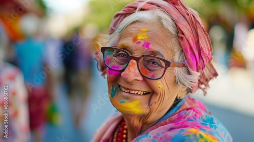 Portrait of a happy elderly woman in glasses with paint on her face. Holi Festival of Colors