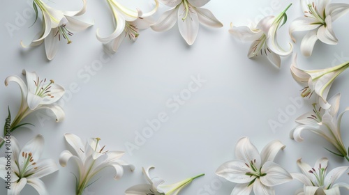 Composition with delicate lily flowers on light background. Frame made of white isolated flowers with copy space for design  text. Flat lay  top view.