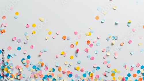 Flat lay of colorful round paper confetti on white background, blue, pink, purple, orange circles. Top view.