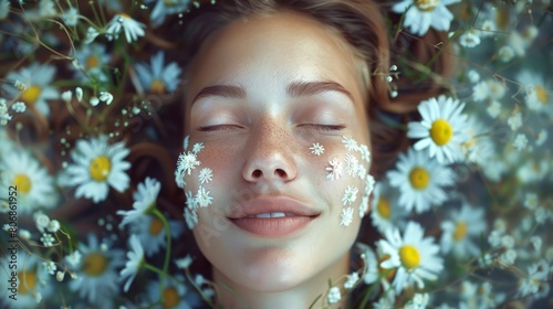  A woman with closed eyes, surrounded by daisies on her face