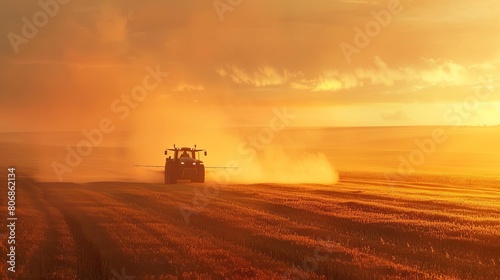 A modern tractor spraying fertilizers on a vast field of soybean crops at dawn  with a misty background creating a serene agricultural scene