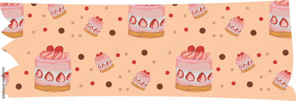 Strawberry cake washi tape on transparent background.
