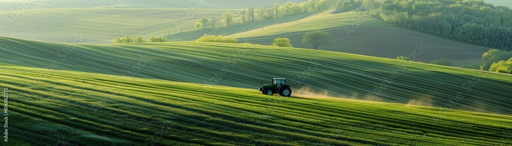 A lone tractor traversing a sprawling green field, with panoramic views of the surrounding countryside, highlighting the expanse of agricultural land A lone tractor traversing a sprawling green field, with panoramic views of the surrounding countryside, highlighting the expanse of agricultural land