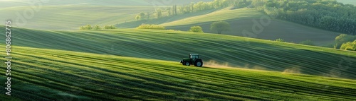 A lone tractor traversing a sprawling green field, with panoramic views of the surrounding countryside, highlighting the expanse of agricultural land