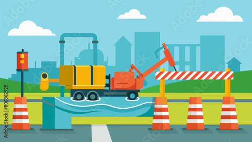 Heavy duty pumps being installed to help remove any excess water from behind the barrier during heavy floods.. Vector illustration