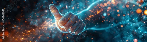 A holographic thumb up icon in the middle of a virtual reality interface, with interactive digital elements swirling around, highlighting the concept of approval in virtual communities photo