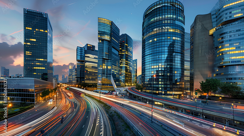 Night Architecture - Skyscrapers with Glass Facade Reflecting City Lights, Urban Landscape at Night, Generative Ai

