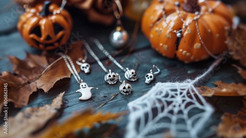 Halloween-themed jewelry set featuring charms like tiny silver pumpkins, ghost-shaped earrings, and a necklace with a delicate cobweb pendant photo