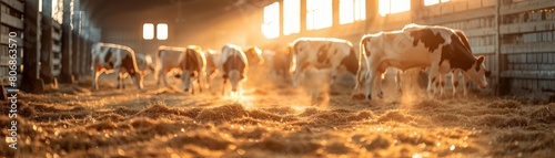 A group of dairy cows peacefully feeding on hay in a spacious, wellkept cowshed, with natural light streaming in, highlighting animal welfare and farm life photo