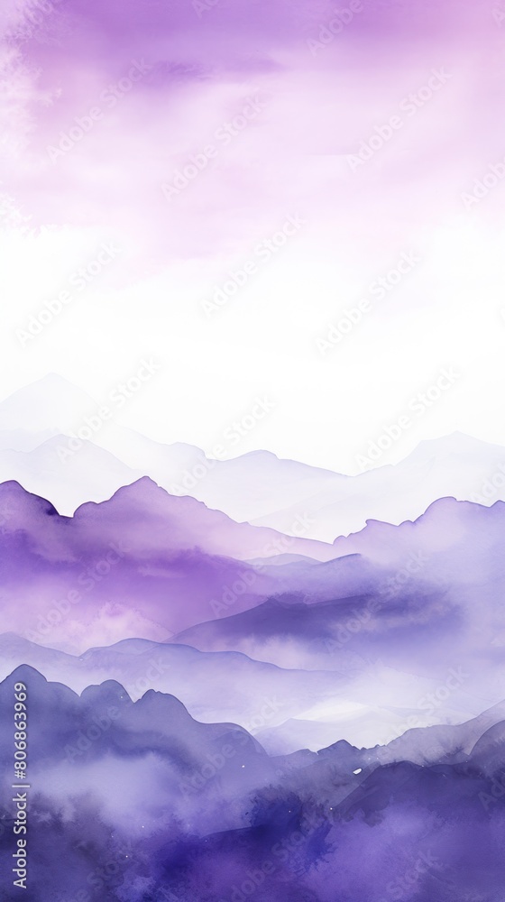 Violet tones watercolor mountain range on white background with copy space display products blank copyspace for design text photo website web banner 
