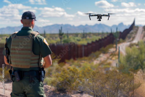 US border patrol agent piloting a drone to monitor border activity between the US and Mexico.