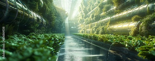 A futuristic farm scene with rows of crops irrigated by water pumped through solarpowered systems, highlighting efficiency in water use and energy consumption in agriculture