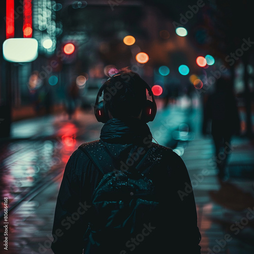 a person listening to music with his headphone while walking in the sidewalk night time dark background