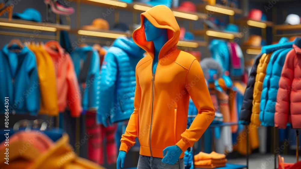 Sportswear styled on a dynamic pose mannequin, designed to reflect an active lifestyle in a store setting