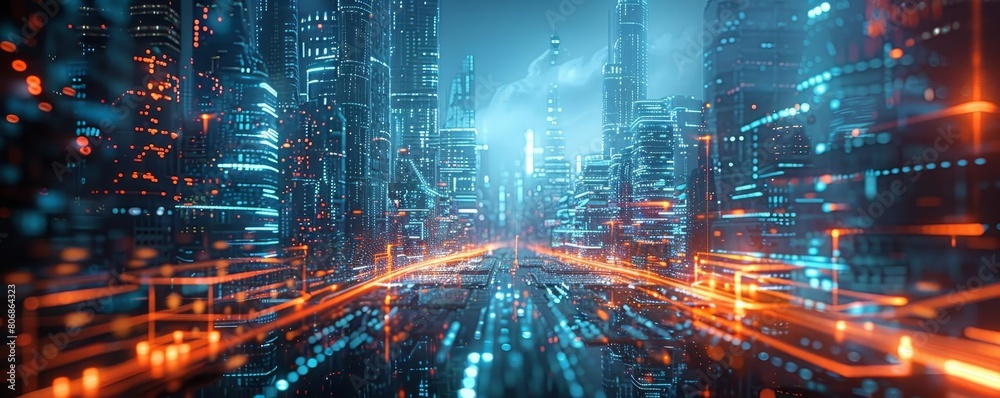 Fototapeta premium A futuristic cityscape illuminated by digital networks, showcasing interconnected data streams that symbolize a smart citys advanced communication infrastructure