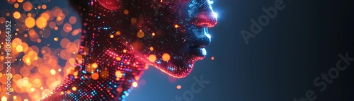 A futuristic 3D portrayal of a person, designed with a colorful mosaic of glowing, neon crystals, creating a lively and energetic visual impact suitable for modern design concepts