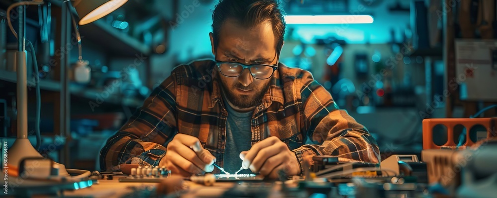 A focused technician in a welllit repair shop, meticulously soldering a component inside a broken smartphone, tools and spare parts organized around him