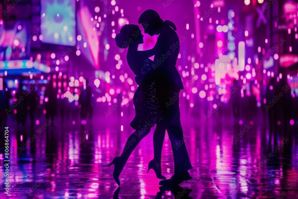 Romantic Dance Silhouette Against Neon-Lit Rainy Backdrop