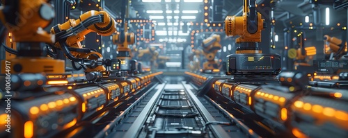 A dynamic view inside a modern smart factory  highlighting a network of conveyor belts and robotic arms working seamlessly under the supervision of digital monitoring systems
