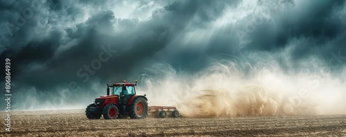 A dynamic shot of a tractor actively plowing a large field, with dust billowing behind it, capturing the essence of hard work in vast agricultural settings