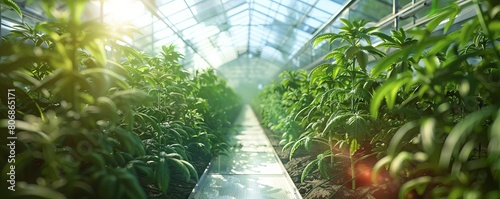 A dynamic scene showcasing a hightech greenhouse powered entirely by solar energy, with advanced irrigation systems promoting sustainable agricultural practices © Sodapeaw