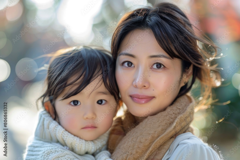Obraz premium asian woman and her toddler. ai generated