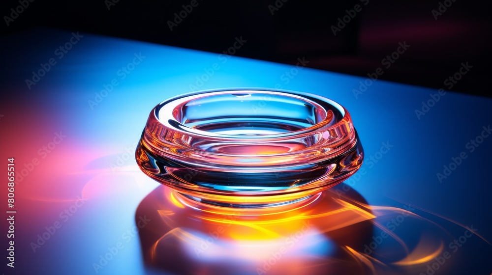 A glass bowl adorns a rustic table, capturing and refracting the ambient light A glass bowl adorns a rustic table, capturing and refracting the ambient light