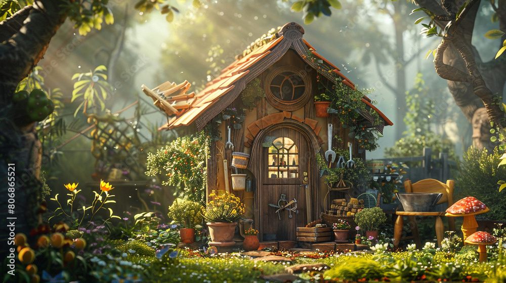 A quaint little garden shed with a contented smile, storing tools for magical adventures.