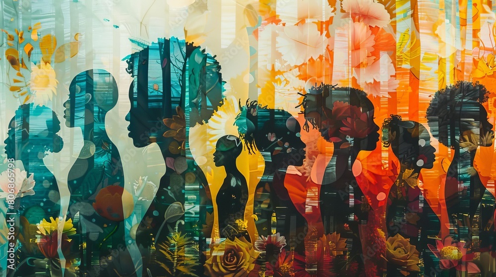 A digital collage of silhouettes, each representing different cultural backgrounds and activities, blending together into a harmonious scene that celebrates diversity and inclusion A digital collage of silhouettes, each representing different cultural backgrounds and activities, blending together into a harmonious scene that celebrates diversity and inclusion