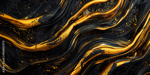 Abstract Gold Black Acrylic Painted Fluted 3D Painting Texture Luxury Background 