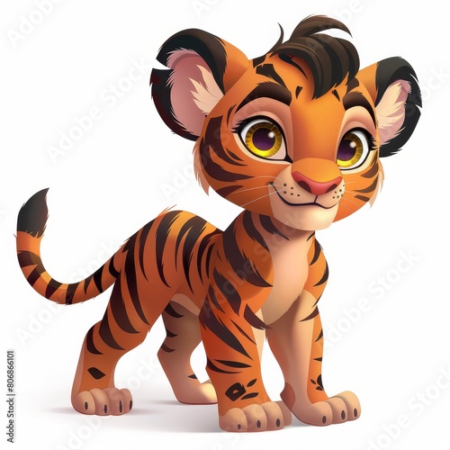   A small tiger cub with large eyes and a broad grin  positioned against a pristine white backdrop