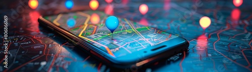 A detailed visual of a smartphone laying on a table, the screen alive with a vibrant 3D map and colorful location pins, symbolizing advanced GPS navigation tools