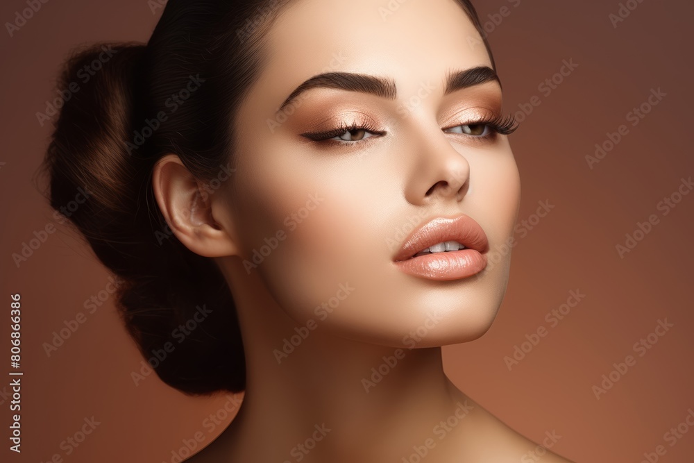 Obraz premium A gorgeous European model woman is posing in front of a monochromatic background with a full set of perfect make-up. Generative AI.
