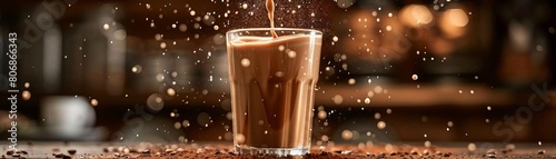 A detailed shot of a milk stream blending smoothly into a glass of hot coffee, with the focus on the dynamic movement and texture of the mixture