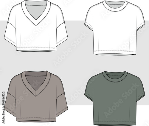 Women Overfit Cropped Tee Shirt  - oversize v neck t shirt fashion flat technical drawing template. Crop T-Shirt, Crop Top fashion CAD mockup, sleeveless, front and back view.