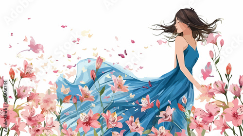 Young woman in blue dress with alstroemeria flowers