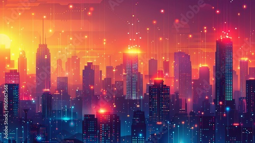 A conceptual illustration of a smart city  with buildings emitting digital pulses and connected by highspeed data links  emphasizing the integration of IoT devices in urban management