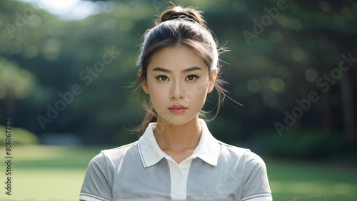 Elegant Ponytail on Asian Female Golfer, Chic Look for Beautiful Asian Golf Athlete, Stylish Hairdo: Ponytail Hairstyle on Golfer