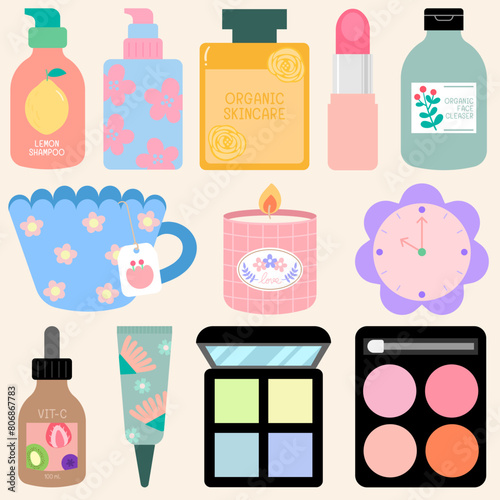 Cute and Colorful hand drawn kawaii cosmetic skincare girly elements set