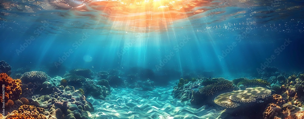 Sunlight shines, surface and under the blue sea, ocean wave, with clear water in summer