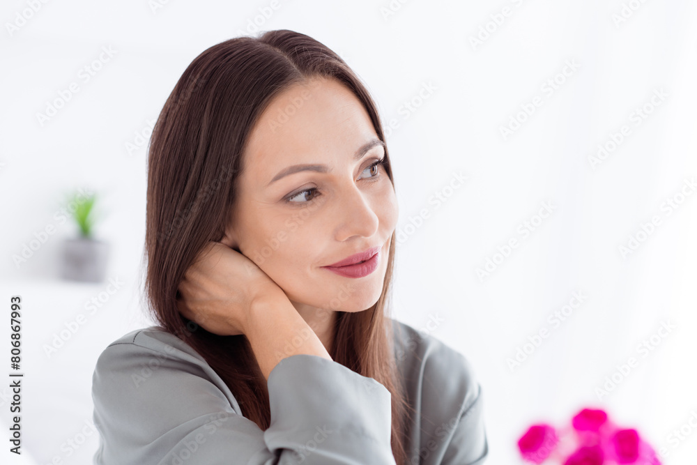 Photo of shiny positive dreamy lady grey sleepwear enjoy morning thinking indoors home bedroom Photo of shiny positive dreamy lady grey sleepwear enjoy morning thinking indoors home bedroom
