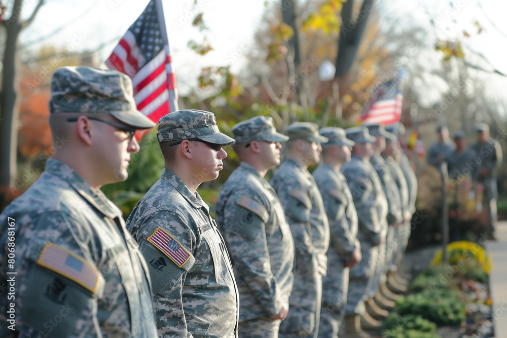 Uniformed soldiers standing in line with american flags and veterans day salute
