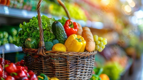 A colorful basket of fresh groceries  including greens  fruits  and bread  set against a blurred background of a farmers market  highlighting local shopping