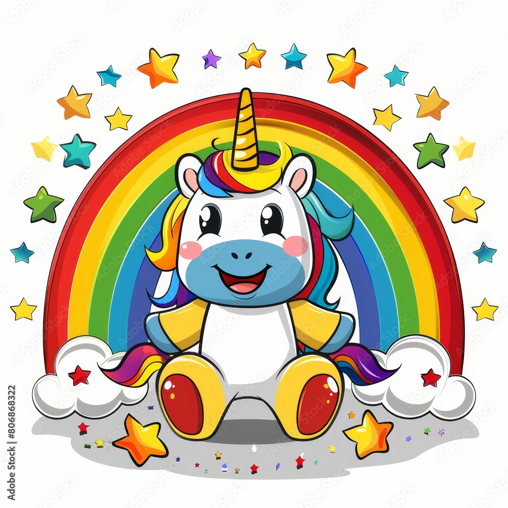 A unicorn, depicted as a cartoon character, sits happily in front of a radiant rainbow adorned with stars The lower end of the rainbow is crowned by A unicorn, depicted as a cartoon character, sits happily in front of a radiant rainbow adorned with stars The lower end of the rainbow is crowned by