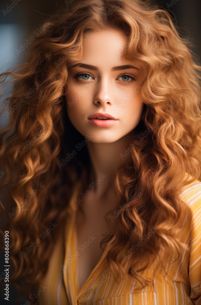 Portrait Of A Young Woman With Lush Curly Hair. Gaze Soft Expression, Illuminated By Natural Light That Highlights Delicate Features And The Warm Hue. Beautiful Female Face Character Avatar Artwork