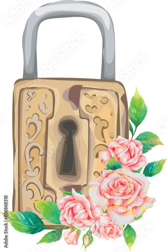 Vintage lock with rose on transparent background.
