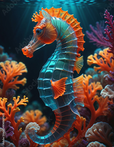 Seahorse under the sea with colorful corals in the backgroud