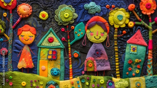 Abstract Felt Cloth Sewn Art Happy Home with Colorful Children Puppets