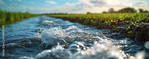 A closeup of a water pipe system traversing a flooded agricultural field, designed to irrigate crops efficiently under a bright sunny sky