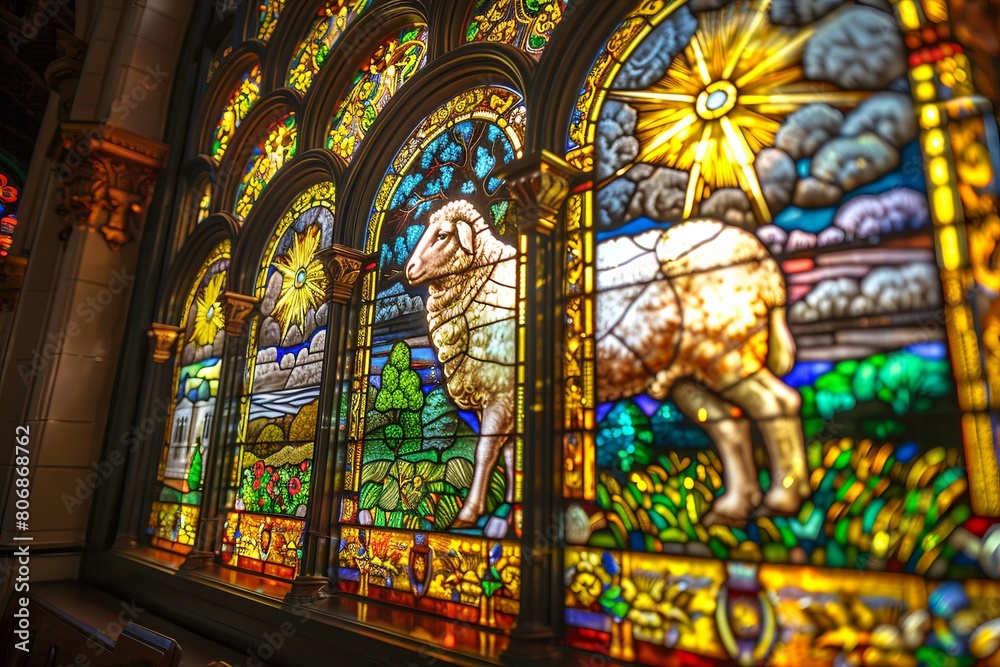 Divine radiance captured in stained glass Lamb of God.